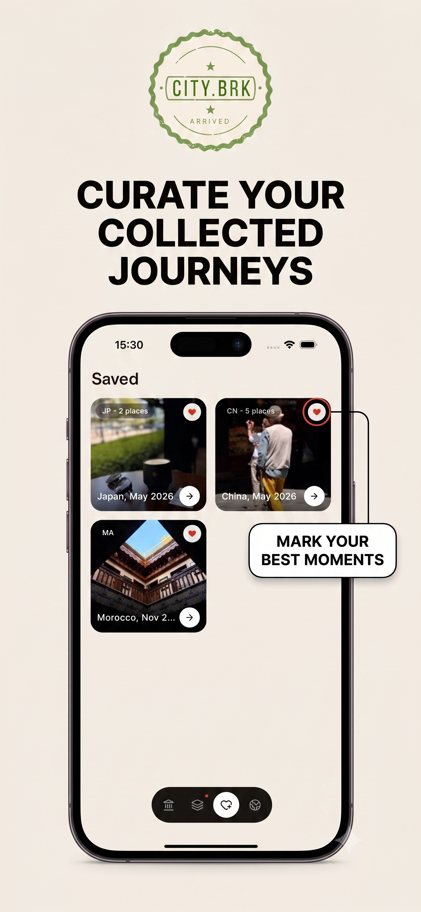 Citybrk Saved screen — hearted trips and moments collected in a private highlight reel, not a social feed